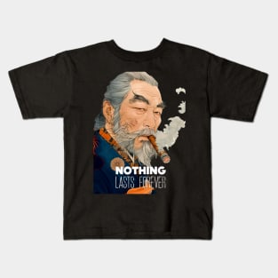 Puff Sumo: Nothing Lasts Forever, "世間は移り変わり" (Seken wa Utsurikawari) on a dark (Knocked Out) background Kids T-Shirt